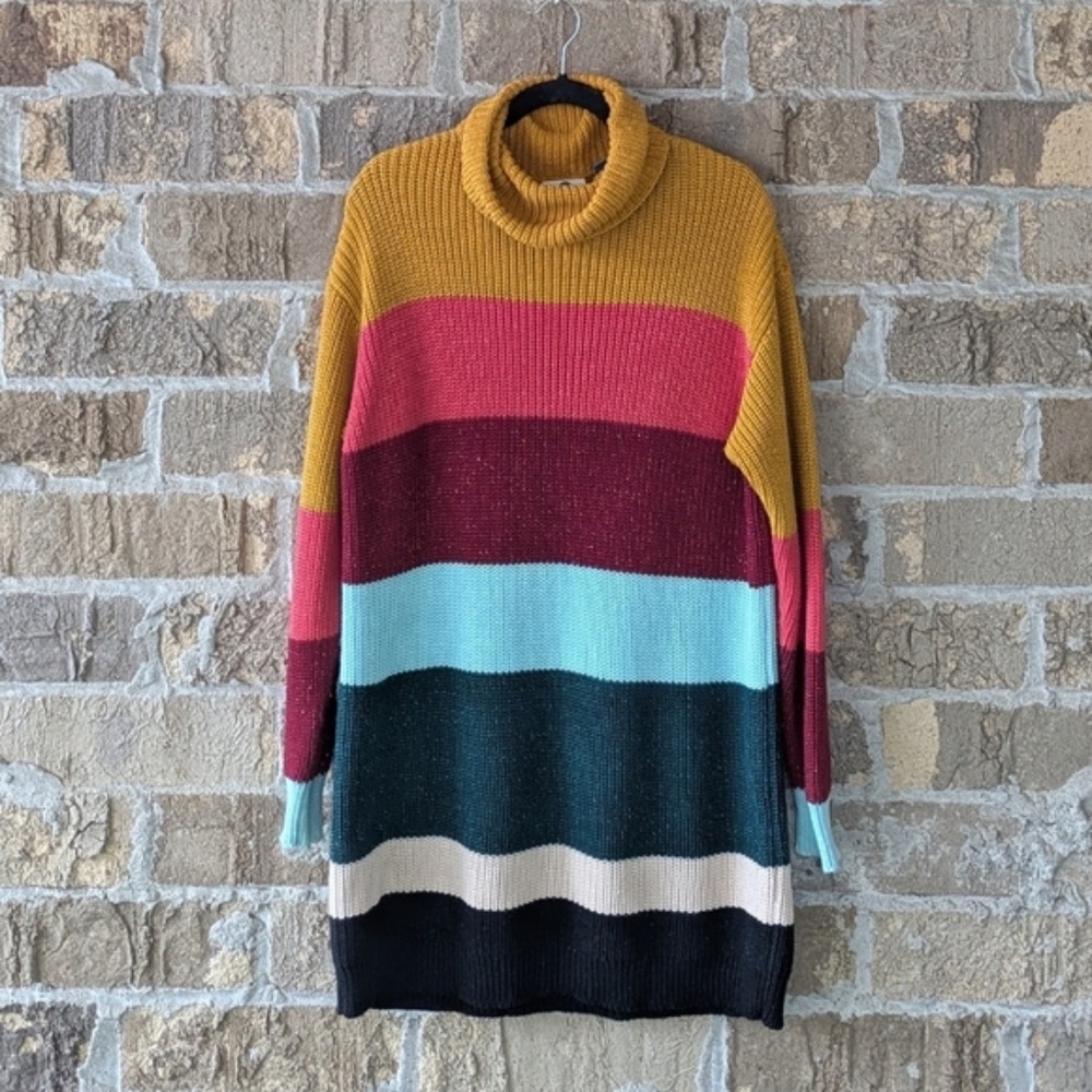Farm Rio for Anthropologie Boldly Striped Sweater Dress Size XS Sparkly Rainbow
